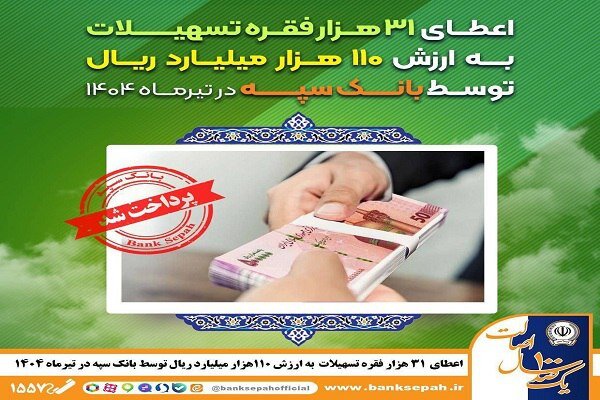 اعطای ۳۱ هزار فقره تسهیلات به ارزش ۱۱۰ هزار میلیارد ریال
توسط بانک سپه